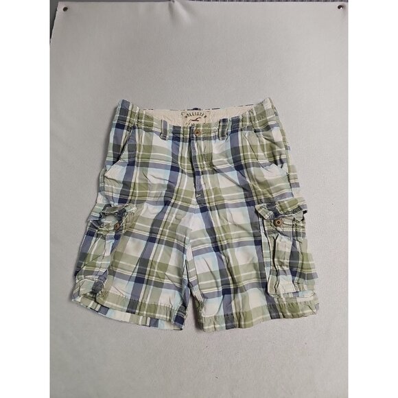 Hollister Cargo Shorts Mens 33 Green Plaid Flap Pockets Button Fly 10" Logo - Picture 1 of 5